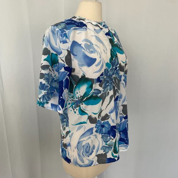 Vintage Blouse Top Size 12 Blue White Floral Short Sleeve Button Casual Office - Picture 5 of 12
